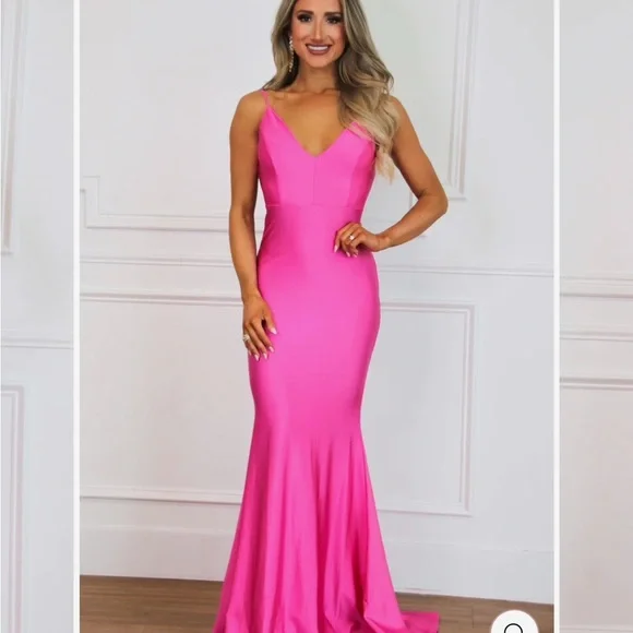 strapless open back dress Amarra 94014 neon pink prom dress at XO by Sophia's